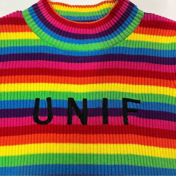 Unif Over the Rainbow Ribbed Logo Streetwear Colorful Mock Neck Crop Top Size XS - Picture 3 of 7